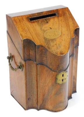 A George III flame mahogany postal box, converted from a Sheraton knife box, inlaid POST, 32cm high, 23cm wide.