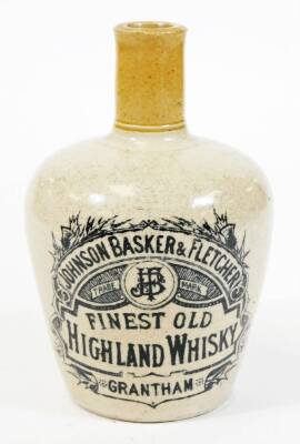 A rare Lincolnshire stoneware Whisky flagon, trade marked for Johnson Basker & Fletcher, Finest Old Highland Whisky, Grantham 18cm high. - 2