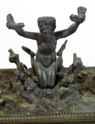 After the Antique. An early 19thC Grand Tour bronze inkstand, having a central figure of a sea goddess on a rock enclosed by two part submersed mermaids with cornucopia, on a stepped guilloche base, 39cm wide, 18cm deep, 19cm high. - 3