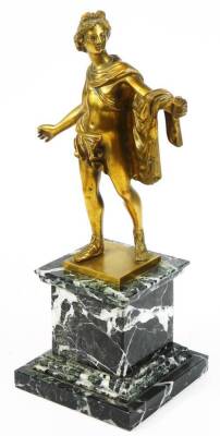 A 19thC Grand Tour type gilt bronze figure, of a classical gentleman in standing pose, in flowing robes, on a square marble base, unsigned, 39cm high. (AF)