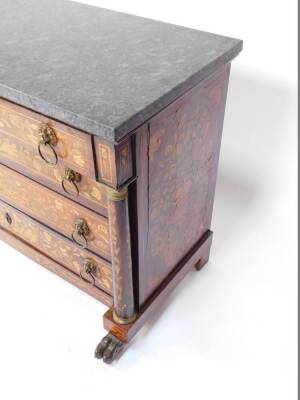 An early 19thC Dutch walnut marquetry commode, with marble top over four drawers with lion mask ring handles each enriched with floral inlay flanked by cylindrical columns, on hairy paw feet, 87cm high, 123cm wide, 54cm deep. - 2