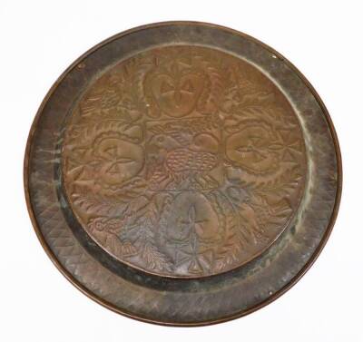 A 19thC continental brass charger, embossed and engraved with heart and cross motifs, birds and leaves, 45.5cm diameter. - 3