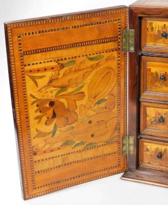 A fine late 16thC South German marquetry table cabinet or kunstkammer, probably Augsburg, with early 19thC alterations, the two doors revealing panels of musical trophies, the central bank of drawers and secret compartments depicting town scenes with bird - 7