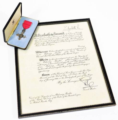 A Member Of The British Empire (MBE) medal, cased with ribbon and accompanied by dignity grant certificate to Robert Franks, 1976, a Civil Division recipient as Deputy Director of contracts at Marconi Communications Ltd.