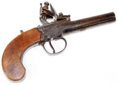 A pair of early 19thC Lincolnshire flint box lock muff pistols, stamped Edgson, Stamford, 18cm. (AF) NB. John Edgson is listed as a gunsmifh in The Antiquity of Stamford & St. Martin's. - 2