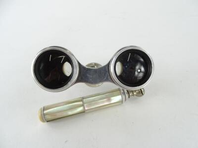 A pair of mother of pearl and chrome plated opera glasses, with side handles, stamped Belere Paris. - 2