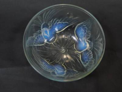 A Jobling 1930's opalescent glass bowl, moulded with three birds, bears registered number, 18.5cm Dia. - 2