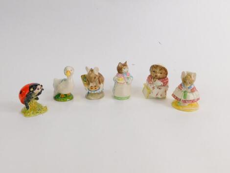 Six Royal Albert Beatrix Potter figures, comprising Rebeccah Puddle-Duck, Mrs Tiggywinkle takes tea, Mrs Ribby, Appley Dapply, The Old Woman who lived in a shoe knitting, and Mother Ladybird.