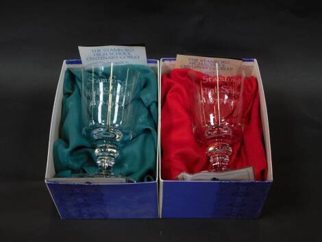 A pair of Wedgwood cut glass Stamford High School Centenary goblets, etched Stamford High School 1877 . 1977, verso crest and motto 'ME SPEDE', limited edition 140/250 and 141/250, with certificates, 16cm H.