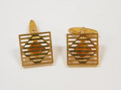 A pair of gentleman's 9ct gold cufflinks, of square, openwork design with toggle backs, 8.6g.