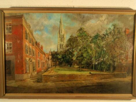 David Roberts (20thC). A view of Church Trees from Swinegate in Grantham