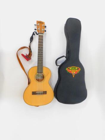 A Kala Brand M C ukulele, model number KA-SSTU-T-FM, serial number 1107, cased.