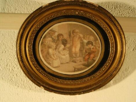 A pair of oval coloured engravings of schoolroom scenes