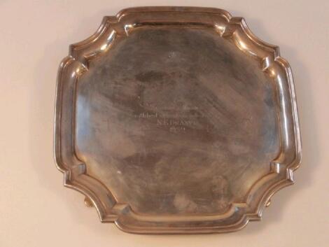 A George VI silver shaped square presentation salver
