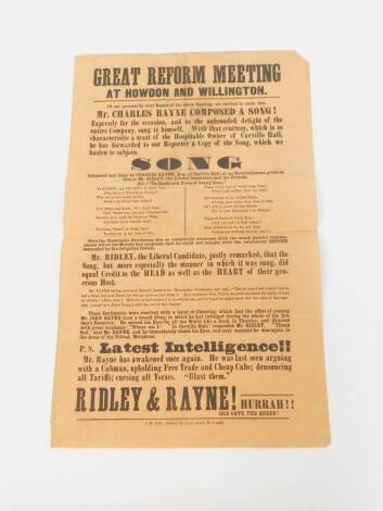 A Mid 19thC political poster for a Great Reform Meeting, at Howdon and Willington (North Tyneside), with political comments, printed by T Dodds, 61 Grey Street, Newcastle, on pink paper, 45cm x 29cm, unframed.