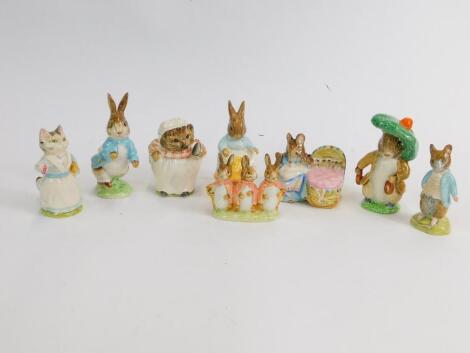 Eight Beswick Beatrix Potter figures, brown back stamp, comprising Johnny Town Mouse, Peter Rabbit, Benjamin Bunny, Mrs Tiggywinkle, Tabatha Twitchett, Cecily Parsley, Flopsy Mopsy & Cotton Tail, and Hunca Munca.