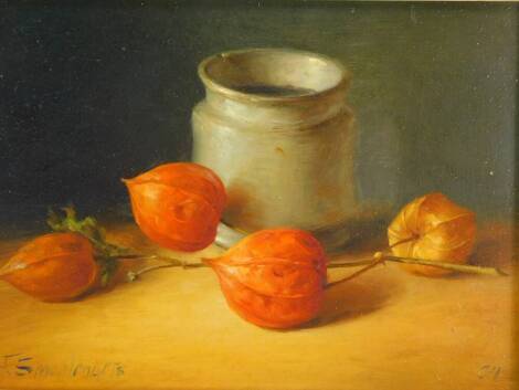 Frederic Smoolenaers (Dutch, b.1951). Still life of a jar with Physalis, oil on board, signed, dated indistinctly, 12cm x 17.5cm.