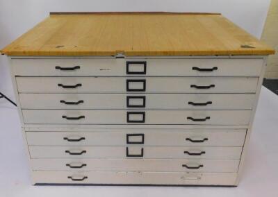 A painted pine two sectional plan chest of eight drawers, 82cm H, 123.5cm W, 88cm D.