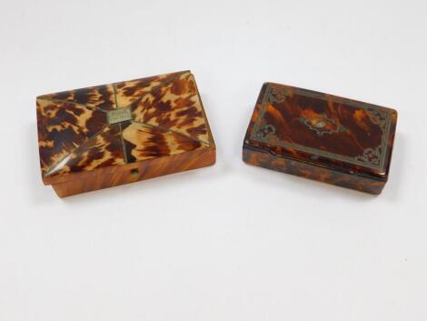 A Victorian blond tortoiseshell box, with silver wire inlay, rectangular plate to lid, engraved Sarah, June 1856, 10.5cm W, 7cm D, together with a faux wood papier mache snuff box, with faux pique decoration, 9cm W, 5.5cm D. (2)