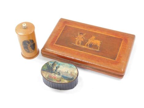 A Neapolitan Olive wood and inlaid cigarette box, marquetry inlaid to the lid with a cupid pulling a goat, 15cm W, 9cm D., together with a Mauchline ware cylindrical container, decorated with views of the Middle Falls of The Bruar, and the Rocks at The So