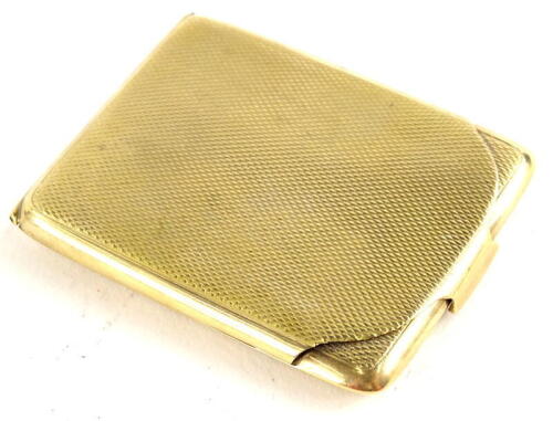 A 9ct gold match case, with engine turned decoration, bearing inscription Malcolm Xmas 1926, maker W.N Ltd, Birmingham assay, 6cm high x 4cm wide x 0.4cm deep, 26.9g all in.