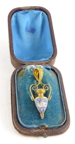 A late 19thC micro mosaic bloomed gold pendant, with small micro mosaic panel of a dove with sprigs of flowers, in an urn shape, with beading and reading, unmarked, with a plain back, 5cm high, boxed, 6g all in.