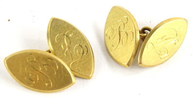 A pair of 18ct gold diamond shaped cufflinks, bearing inscription B to both sides, maker stamp WJH, 9.1g.