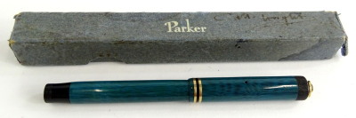 A Parker Lucky Curve lady fountain pen, in turquoise with gold plated mounts and ring top for a chatelaine, boxed.