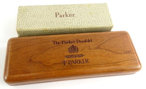 A Parker Duofold Centenary box, and another Parker box decorated to simulate reptile skin, in cream for a Parker 51 (2).