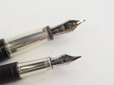 Two Yard-O-Led black and silver mountain fountain pens, of differing sizes. - 2