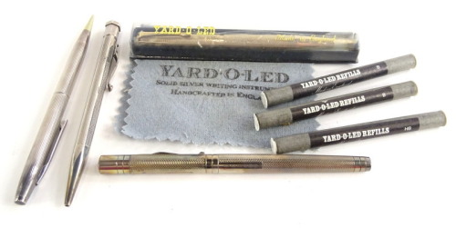 A silver Yard-O-Led fountain pen, a Yard-O-Led propelling pencil and another similar silver propelling pencil, etc.