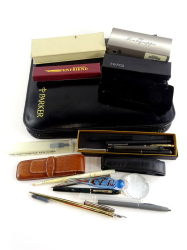 Various pen accessories, two Cross ballpoint pens, a lilac leather pen case, etc.