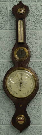 A 19thC rosewood wheel barometer, with silvered thermometer, papered dial, stamped, warranted correct, 96cm high.