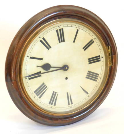 A late 19th/early 20thC wall timepiece, the mahogany case with a moulded edge, surrounding a painted dial, with single winding aperture, later replacement quartz movement, 47cm diameter.