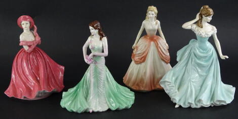 A collection of four Coalport porcelain figurines, Colette, With This Ring, Monica, Merry Christmas 2011 and Jayne and four boxes.