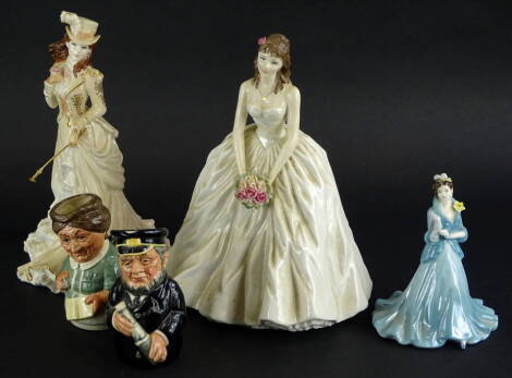 A collection of items, to include a Coalport figurine of Helena, a Royal Worcester figure titled A Day To Remember, a small Coalport figure of Daffodil Ball and a pair of character jugs of Mrs Loan and the Sea Captain (5).