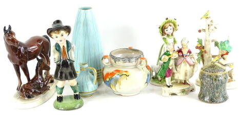 A collection of ceramics, to include a Studio type vase titled Micky, continental figurines, etc.