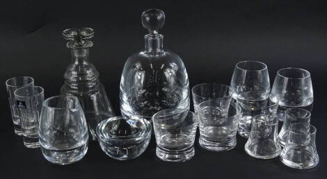 A collection of modern glass, mainly labelled LSA, to include tumblers, small jug, decanter, etc., and a pair of Royal Doulton small glasses.