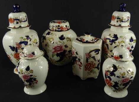 Various Mason's Ironstone Mandalay pattern pottery, comprising a pair of vases, 26cm high, another pair smaller and a lidded ginger jar, printed marks beneath.