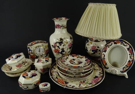 Various Mason's Ironstone Mandalay pattern china, to include decorative wall plates, 26cm diameter and smaller, pair of lidded dishes, table lamp, oval photograph frame, vase, shell shaped dish etc, printed marks beneath (a quantity).