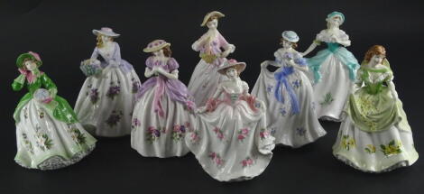 A collection of Royal Worcester figurines, to include Sweet Violet, Sarah, Sweet Snowdrop, Sweet Holly, Sweet Forget Me Not, Sweet Rose, Sweet Anenome and Sweet Primrose, some with certificates.