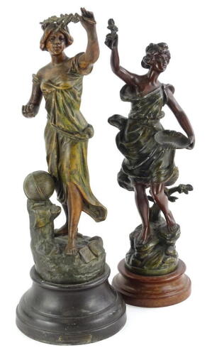 Two late 19thC French cold painted spelter figurines, titled Source Fleurie, on a simulated marble base, 44cm high and Science, 48cm high.