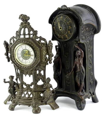 A continental mantel timepiece, the spelter case applied with figures, later German movement and a bronze resin Art Nouveau style figural mantel clock, decorated with flowers, etc., 36cm and 39cm respectively.