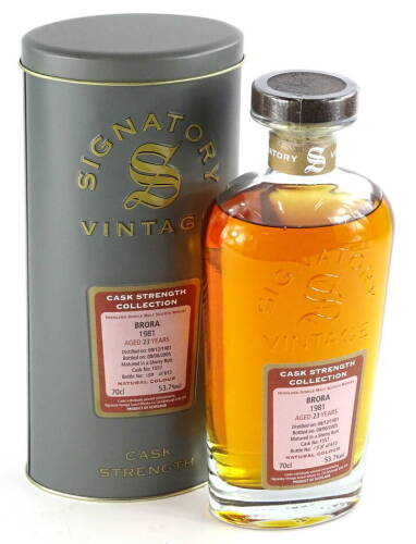 A bottle of Signatory Vintage Brora cask strength whisky, aged 23 years, from 1981.