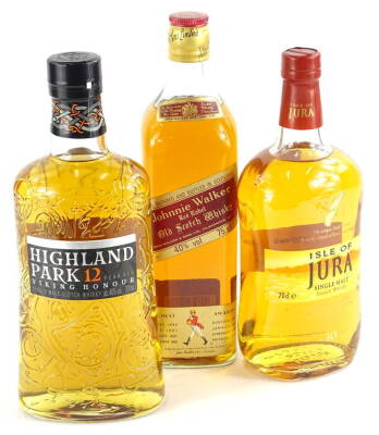 Three bottles of whisky, Highland Park, 12 years, Isle of Jura, 10 years and Johnnie Walker red label.