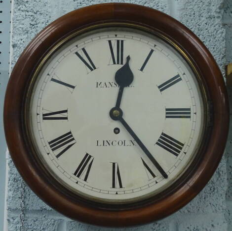 Mansell Lincoln. A 19thC mahogany wall clock, of circular form, in plain case with 29cm diameter Roman numeric dial, revealing a single fusee movement, (AF).