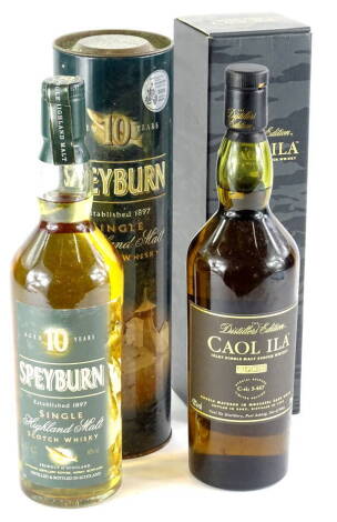 Two bottles of whisky, Distillers Collection bottle of Caol Ila whisky, bottled 2007 distilled 1995, 10 years, and a bottle of Speyburn, 10 years.