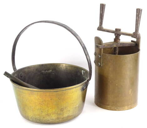 A collection of metalware, to include a heavy duty brass and iron kitchen type press, a pair of brass stands, possibly for oars and a preserve pan.