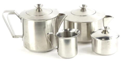 A Danish mid century stainless steel four piece tea set, of tapering form with shaped handles, stamped to underside, stainless steel 18-B, made in Denmark, MNH.