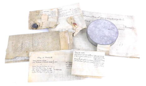 A George II indenture, related to a transaction involving a Mr Jackson of Ranskill, near Blyth, Nottinghamshire, dated 1744 with boxed wax seal (AF), and other indentures.